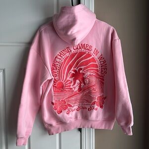 Everything comes in waves, pink palm puff hoodie. Authentic.